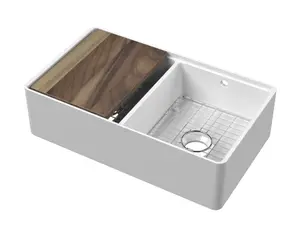 Fireclay Double Bowl Kitchen Sink with Thin Edge, Flush Weir and Overflows, Work Station and Grid - 795mm - Balterley