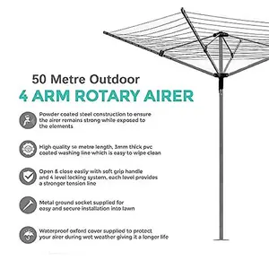 Wadan 4 Arm 60 Meter Grey Rotary Washing Lines - Heavy Duty Folding Garden Clothes Airer Dryer with Cover & Metal Ground Spike