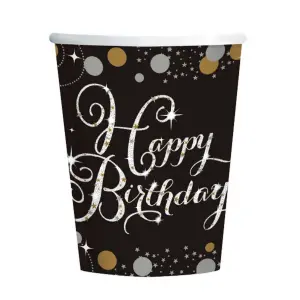 Amscan Sparkling Celebration Birthday 9oz Paper Cups (Pack Of 8) Black/Gold (One Size)