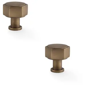 2 PACK - Industrial Hex Cabinet Door Knob - 33mm Antique Brass Cupboard Pull Handle