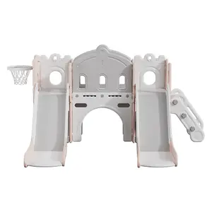 Toddler Swings and Slide Playset Basketball Hoop Pink&Grey