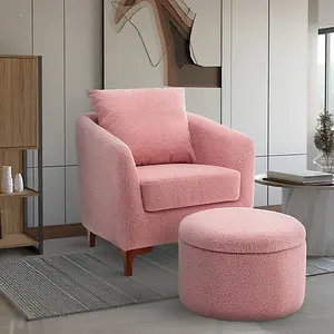 Teddy Boucle Fabric Pink Angela Accent Tub Chair with Ottoman