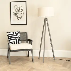 ValueLights Barbro Grey Wood Tripod Floor Lamp with Natural Linen with White Trim Drum Shade and LED Bulb