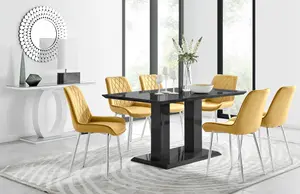 Imperia Black High Gloss 6 Seater Dining Table with Structural 2 Plinth Column Legs 6 Mustard Velvet Silver Leg Pesaro Chairs