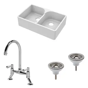 Fireclay Kitchen Bundle - Double Bowl Stepped Weir Butler Sink, Wastes & Bridge Lever Tap, 795mm - Chrome - Balterley