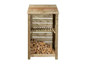 Slatted wooden log store with kindling shelf W-99cm, H-180cm, D-88cm - natural (light green) finish