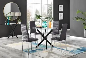 Furniturebox UK Novara Black Leg Round Glass Dining Table & 4 Grey Velvet Milan Chairs