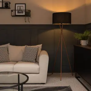 ValueLights Camden Modern Copper Metal Tripod Floor Lamp with Black Cylinder Shade - Includes 6w LED Bulb 3000K Warm White