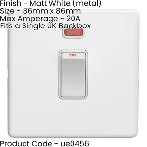 1 Gang 20A Single Light Switch & Neon SCREWLESS MATT WHITE 2 Way Rocker Plate