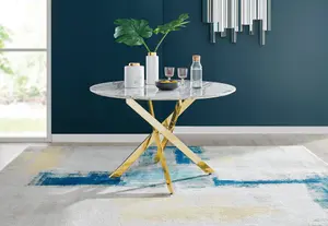 Furniturebox UK Novara White Marble Gold Leg 120cm Round Dining Table & 4 Green Velvet Milan Gold Leg Chairs