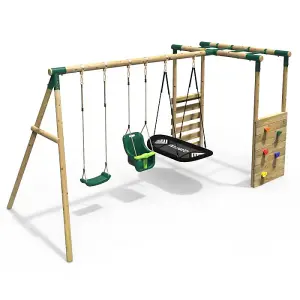 Rebo Wooden Children's Garden Swing Set with Monkey Bars - Triple Swing - Halley Green