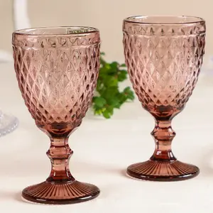 Set of 2 Vintage Luxury Red Diamond Embossed Drinking Wine Glass Wine Goblets 270ml