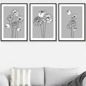 Set of 3 Sketch Art Peonies on Grey Wall Art Prints / 50x70cm / Black Frame