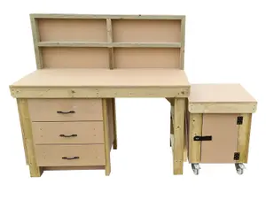 Wooden MDF top workbench with drawers and functional lockable cupboard (V.6) (H-90cm, D-70cm, L-180cm) with back