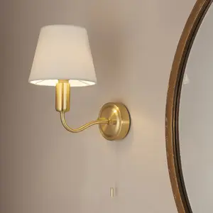 Bathroom Wall Light Fitting - Satin Brass Plate & Ivory Fabric Shade - Modern