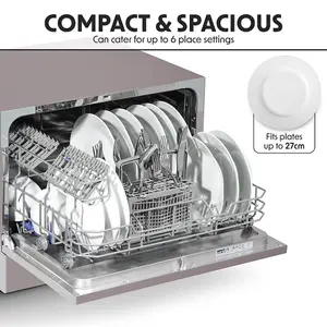 Portable Silver Worktop Dishwasher with 6 Place Settings for Compact Spaces