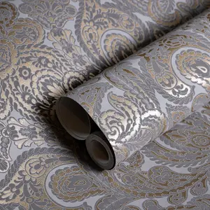 Galerie Adonea Ares Grey Copper Metallic Damask 3D Embossed Wallpaper Roll