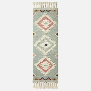 Homescapes Tenali Blue Kilim Runner Wool Rug 66 x 200 cm