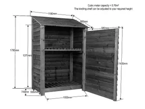 Wooden log store with door and kindling shelf W-119cm, H-180cm, D-88cm - natural (light green) finish