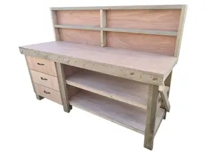 Wooden Eucalyptus top tool cabinet workbench with storage shelf (V.7)  (H-90cm, D-70cm, L-150cm) with back panel and double shelf