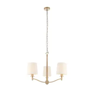 Luminosa Ortona 3 Light Multi Arm Pendant Matt Antique Brass, Vintage White Faux Silk, E14