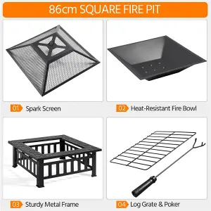 Yaheetech Outdoor Square Fire Pit with Cover and Poker Black