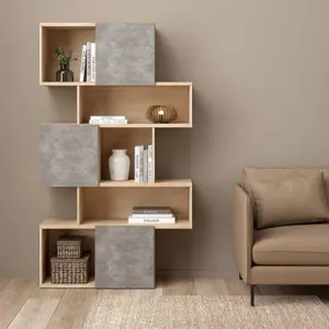 Maze Bookcase with 1 Door in Jackson Hickory and White High Gloss