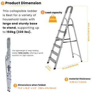 Lightweight Step Ladders 6 Step 167 cm, Max Load 150 kg - Compact Aluminium Portable Stepladder - Heavy Duty Tall Folding Ladder