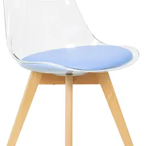 Soho Clear and Blue Plastic Dining Chair with Squared Light Wood Legs