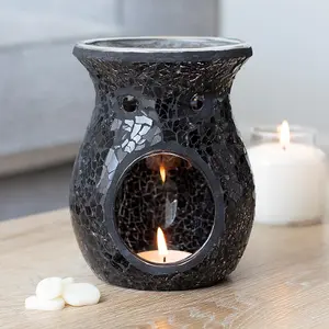 Black Glass Flared Oil, Wax Melt Burner. Mirrored Crackle Effect. H14 cm