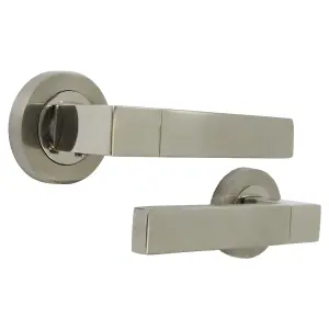 Cafri Line Door Handle Lock Key Set Modern Satin Nickel Lever on Rose Internal Escutcheon