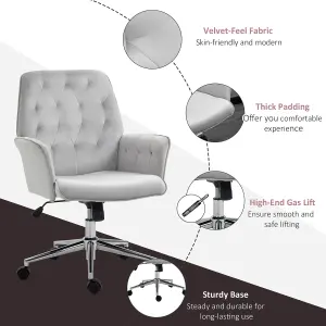 Vinsetto Velvet-Feel Fabric Office Swivel Chair Mid Back Computer Desk with Adjustable Seat, Arm - Light Grey