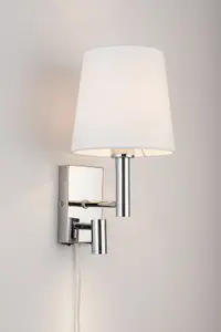 Harper Living Plug-In Wall Light with switch and Adjustable LED Reading Light, Polished Chrome Finish, Ivory White Fabric Shade