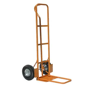 Folding Toe High Back P Handle Truck, Pneumatic Wheels, Tubular Steel Yellow Frame, Fixed & Folding Toe Plate- 200kg Capacity