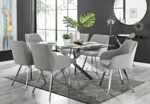 Furniturebox UK Leonardo Glass And Chrome Metal Dining Table And 6 Light Grey Falun Fabric Silver Leg Chairs