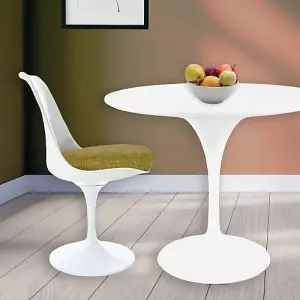 Tulip Set - White Medium Circular Table and Two Chairs with Textured Cushion Olive