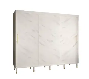 Bergen Contemporary 3 Sliding Door Wardrobe Gold Handles Marble Effect 9 Shelves 2 Rails White (H)2080mm (W)2500mm (D)620mm