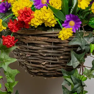 Artificial Wildflower Flowers Rattan Hanging Basket Decoration Purple Yellow and Orange 25cm