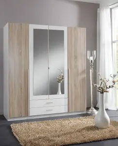 Artic White and Oak Effect 4 Door / 2 Drawer Wardrobe