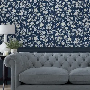 Laura Ashley Rye Blue Floral Smooth Wallpaper