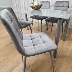 Grey Clear Glass Dining Table With 4 Grey Tufted Velvet Chairs Dining Set