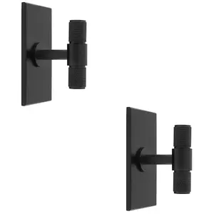 2 PACK - Knurled T Bar Cabinet Door Knob & Matching Backplate - Matt Black 76 x 40mm