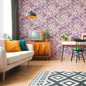 AS Creation Retro Floral Pattern Wallpaper Orange Pink Purple Paste The Wall