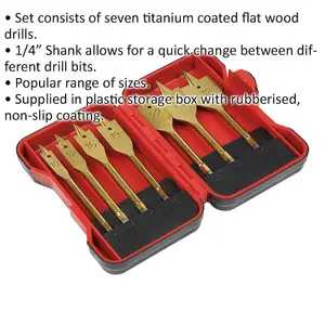 7 Piece Titanium Coated Flat Wood Drill Bit Set with Storage Box - 1/4 Inch Hex Shank