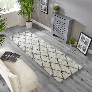 Cream Grey Geometric Luxurious Modern Shaggy Easy To Clean Rug Dining Room-80 X 240cm (Runner)