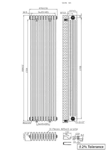 Right Radiators 1800x470 mm Vertical Traditional 4 Column Cast Iron Style Radiator Raw Metal