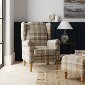 Dunelm Oswald Check Wingback Armchair, Country, Natural Oswald Wingback, Textured Weave Fabric