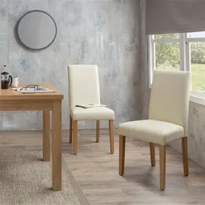 Dunelm Hugo Set Of 2 Dining Chairs, Faux Leather, Modern, Natural, Cream, Faux Leather/Rubberwood/Wood