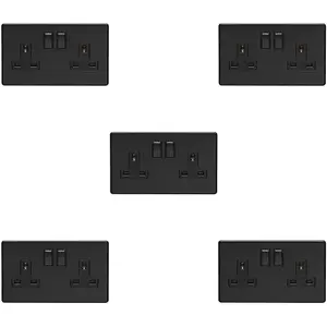 5 PACK 2 Gang Double DP 13A Switched UK Plug Socket SCREWLESS MATT BLACK Wall Power