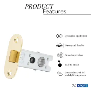 XFORT Polished Brass Radius Tubular Latch, Two 75mm Polished Brass Radius Tubular Latches for Internal Wooden Doors.